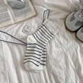 White mid-calf cotton socks with black horizontal stripes and rib knit cuffs - White