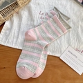 Chic pink and grey striped cotton crew socks with ribbed cuffs and contrast knit details - Pink and Light Grey Striped