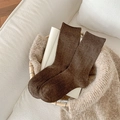 Deep brown ribbed crew socks for women in thick knit, cozy winter style in a basket - One Size / Dark Coffee