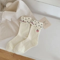 Cream crew socks featuring black polka dots and strawberry embroidery detail - One Size / White (Strawberry Embroidery)
