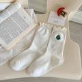 Cute off-white ribbed cotton socks with wavy ruffle trim and embroidered Christmas tree - White-Little Tree (Christmas Tree)