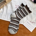 Women's dark brown and grey striped crew socks with stylish rolled cuffs in cotton - Coffee and Grey Striped