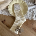 Creamy white mid-calf socks featuring retro rib knit and brown polka dot bow decoration - One Size / Brown Polka Dot Bow (Milk White)