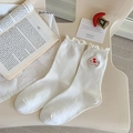 White cotton ribbed socks with ruffled lettuce edges and cute puppy embroidery design - White Dog