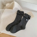 Cute dark grey polka dot crew socks with bow embroidery and folded cuffs for women - One Size / Dark Gray (Bow Embroidery)