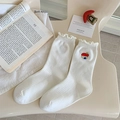 Chaussettes blanches en coton avec broderie de maison et bordure à volants mignonne - Blanc-Maison