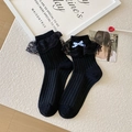 Calze Lolita nere con bordo in pizzo e fiocco a quadretti blu chiaro - Fiocco a Quadri Nero