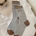 Mid-calf light grey knitted socks with dark brown color block and striped BARN pattern - Light Gray Twist Letter Style