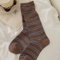Retro brown mid-calf socks with blue stripes and ribbed cuffs for a cozy style - Brown Blue Stripe Style