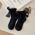 Schwarze Lolita-Socken mit zarter Spitze und großen Schleifen für einen Balletcore-Look - Lange Spitze Schwarz
