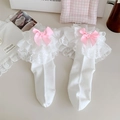 Calcetines Lolita de algodón blanco con ribete de encaje y lazos de satén rosa - Talla única / Base Blanca Lazo Rosa