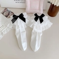 Calcetines blancos Lolita de algodón con encaje doble y lazo de satén negro - Talla única / Base Blanca Lazo Negro