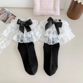 Calcetines Lolita negros con ribete de encaje blanco de tres capas y lazo de satén - Talla única / Negro