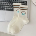 Cream knit mid-calf socks with brown and blue stripes and FULLY ENJOY embroidery - Letter M Style