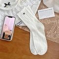 White ruffle trim mid-calf socks with vertical stripes and delicate button detail - One Size / White