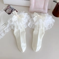 Sweet Lolita white cotton socks featuring large satin bows and tiered lace trim details - One Size / Beige