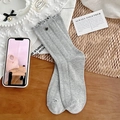 Light gray ribbed crew socks with frill trim and vintage metal button detail - One Size / Gray