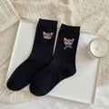 Cute black crew socks featuring cat embroidery and a small checkered bow detail - Black