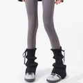 Japanese JK style black ribbed knit leg warmers with drawstring ties for women - One Size / Black