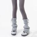 Grey knitted leg warmers with drawstring ribbons and vertical ribbed texture style - One Size / Light Gray