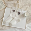 White cotton mid-calf socks with cute cat embroidery and checkered bow accessory - White (Black Bow)