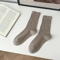 Brown speckled slouch socks with ruffled edges and retro flecked yarn texture - Light Coffee