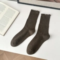 Retro dark brown speckled mid-calf socks with sweet ruffled edges on white desk - Dark Coffee