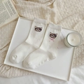 Cute white crew socks with colorful cat embroidery and a pink checkered bow detail - White (Pink Bow)