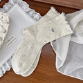 Calze al polpaccio in maglia crema con puntini colorati, bordi a balze e cuore ricamato - Taglia unica / Bianco/Grigio