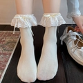 Weiße Lolita-Wadenstrümpfe mit Spitzenborte und gelber Satinschleife für Damen - Einheitsgröße / Beige