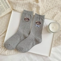 Cute grey cotton crew socks with cat embroidery and a small light blue ribbon bow - Gray (Blue Bow)