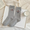 Cute gray cotton crew socks featuring embroidered cat pattern with a plaid bow tie - Gray (Black Bow)