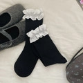 Chaussettes hautes noires style balletcore avec dentelle blanche à motifs de cœurs - Taille unique / Noir