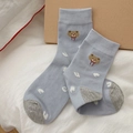 Light blue mid-calf striped socks with cute bear embroidery and white letter patterns - One Size / Blue