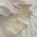 Calze in maglia bianco crema con bordo sfrangiato rosa e trama a righe per donna - Taglia unica / Bianco Crema