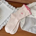 Calze rosa con ricamo a cuore, trama a pois e bordi a balze in stile dolce - Taglia unica / Rosa