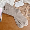 Khaki rib-knit mid-calf socks with ruffled edges and elegant silver button detail - One Size / Light Coffee