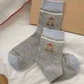 Japanese striped mid-calf socks in grey and blue with cute embroidered bear and happy day text - One Size / Light Gray