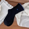 Calze nere effetto coriandolo con ricamo a cuore blu e bordo con volant - Taglia unica / Nero