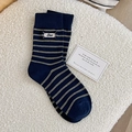 Navy blue striped mid-calf socks with 'Bee' embroidery on a soft fleece background - One Size / Dark Blue