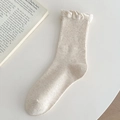 Creamy white ribbed mid-calf socks with elegant ruffle cuffs and a soft cotton finish - Beige Khaki