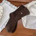 Dark brown knit crew socks with colorful speckles, ruffled cuffs and heart embroidery - One Size / Coffee
