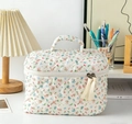 Gesteppte Kosmetiktasche mit floralem Muster in Rosa und Blau sowie Doppelreißverschluss - Große Tasche mit Griff