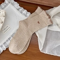 Beige knit slouch socks with heart embroidery and ruffled edges in Japanese style - One Size / Khaki