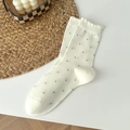Cremeweiße Socken mit schwarzen Punkten und Rüschenbündchen für Damen - Cremeweiß