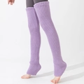 Long lavender ribbed knit leg warmers for women with stirrup design for yoga and warmth - One Size / Purple