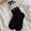 Chaussettes hautes noires style ballet avec dentelle blanche et noeud en ruban - Taille unique / Noir