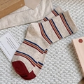 Retro striped crew socks in navy blue, orange and burgundy color block pattern - One Size / Beige with Red Toe