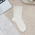 Cream white mid-calf socks with hollow-out knit, ribbing, and delicate bow embroidery - One Size / Bleached White