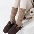 Retro brown hollow knit wool leg warmers paired with stylish felt mule shoes - One Size / Light Coffee